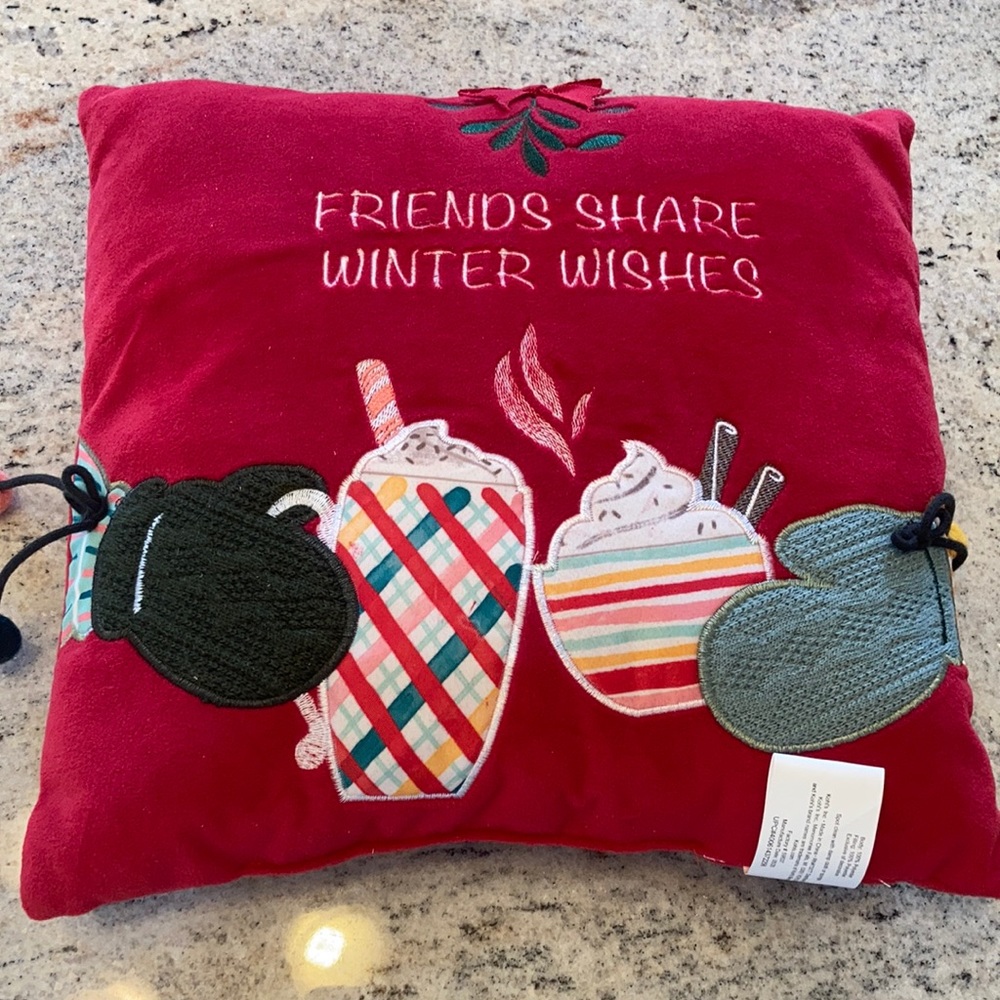 NWOT Plush Pillow 11”x 11” - Friends share winter wishes